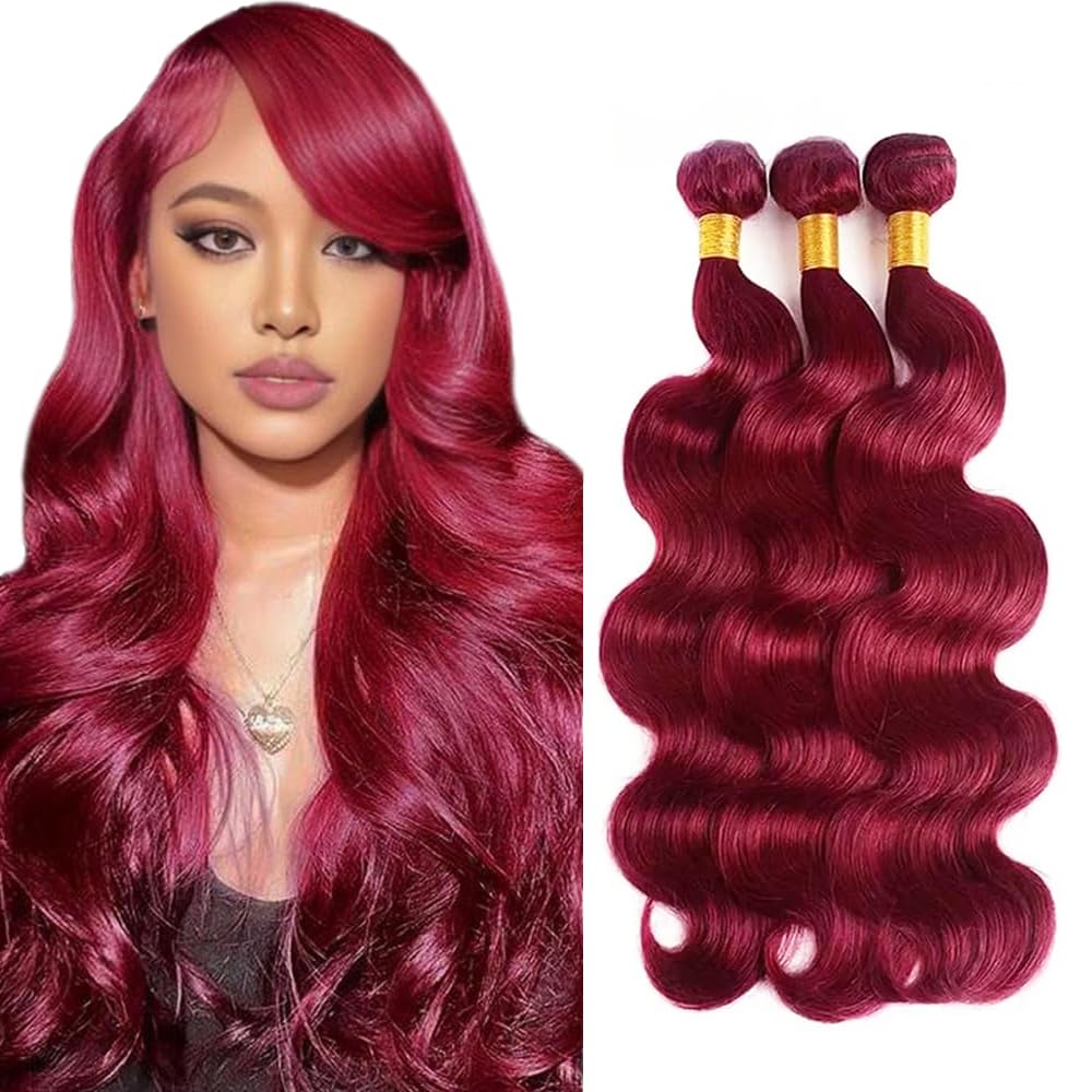 Photo 1 of Freiuoke Dark Burgundy Bundles 99J Body Wave Human Hair 3 Bundles 22 24 26 Inch 150g Brazilian Unprocessed Virgin Remy Hair Extensions