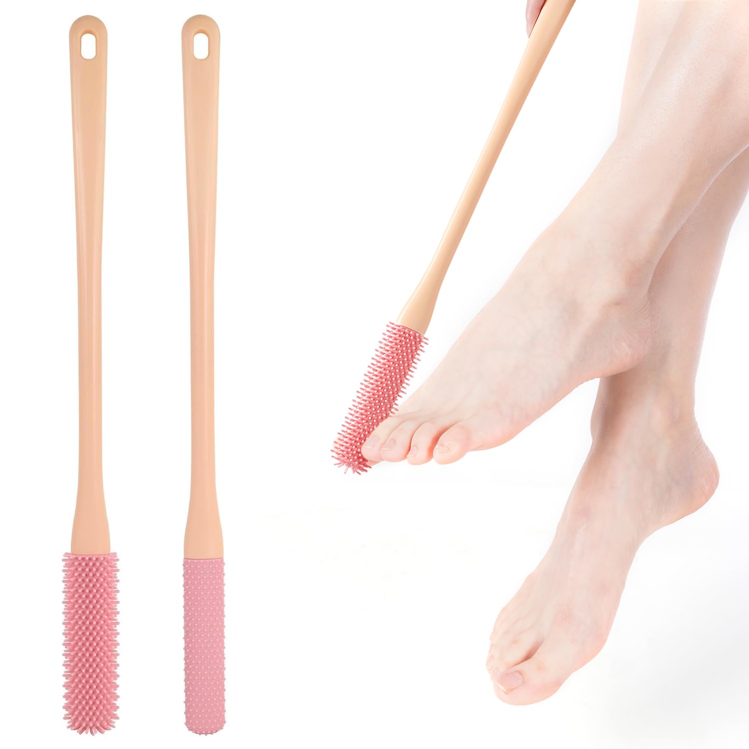 JINYJIA Silicone Foot Wash Brush, Pack of 2 Toe Gap Cleaning Brush, 41 cm Foot Brush for Shower, Shower Brush with Long Handle, Foot Exfoliating Brush, for Seniors Toenail Cleaning, Pink