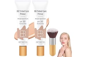 VIZELA BB Blur Tinted Moisturizer SPF 30, BB Cream Tinted Moisturizer with Broad Spectrum SPF, BB Tinted Care Primer with Brush,Full Coverage Light-Medium Skin Color-Hydrates-Smooths Your Skin(Natural, 2PCS)