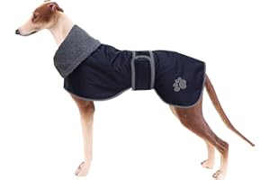 Geyecete Dog Winter Coat Greyhound Raincoat Fabric with Lamb Velvet Inside Outdoor Dog Apparel with Adjustable Bands for Medium, Large Dog-Navy-L