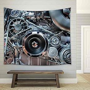 Car Engine, Concept of Modern Automobile Motor with Metal, Chrome, Plastic Parts - Fabric Wall Tapestry Home Decor - 51x60 inches