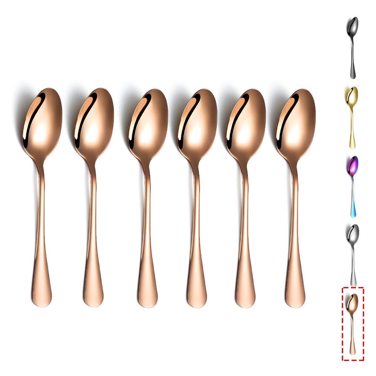 Rose Gold Teaspoons, Kyraton 6 Pieces 14cm Stainless Steel Tea Spoons with Copper Titanium Plating, Ice Cream Spoons, Dessert Spoons, Coffee Spoons, Golden Spoons Silverware Pack of 6