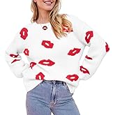 Sweater for Women Gift for Her Trendy Cute Lip Print Casual Fuzzy Long Sleeve Crewneck Sweaters Pullover Tops