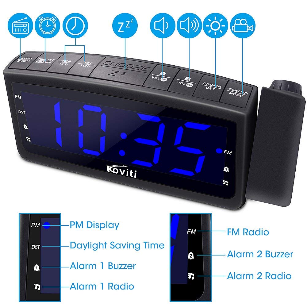 Amazon.com: Projection Alarm Clock Radio - Koviti FM Radio Alarm Clock with  Dimmer, Ultra Clear LED Digital Alarm Clock to Ceiling Wall, Dual Alarm  Snooze ...
