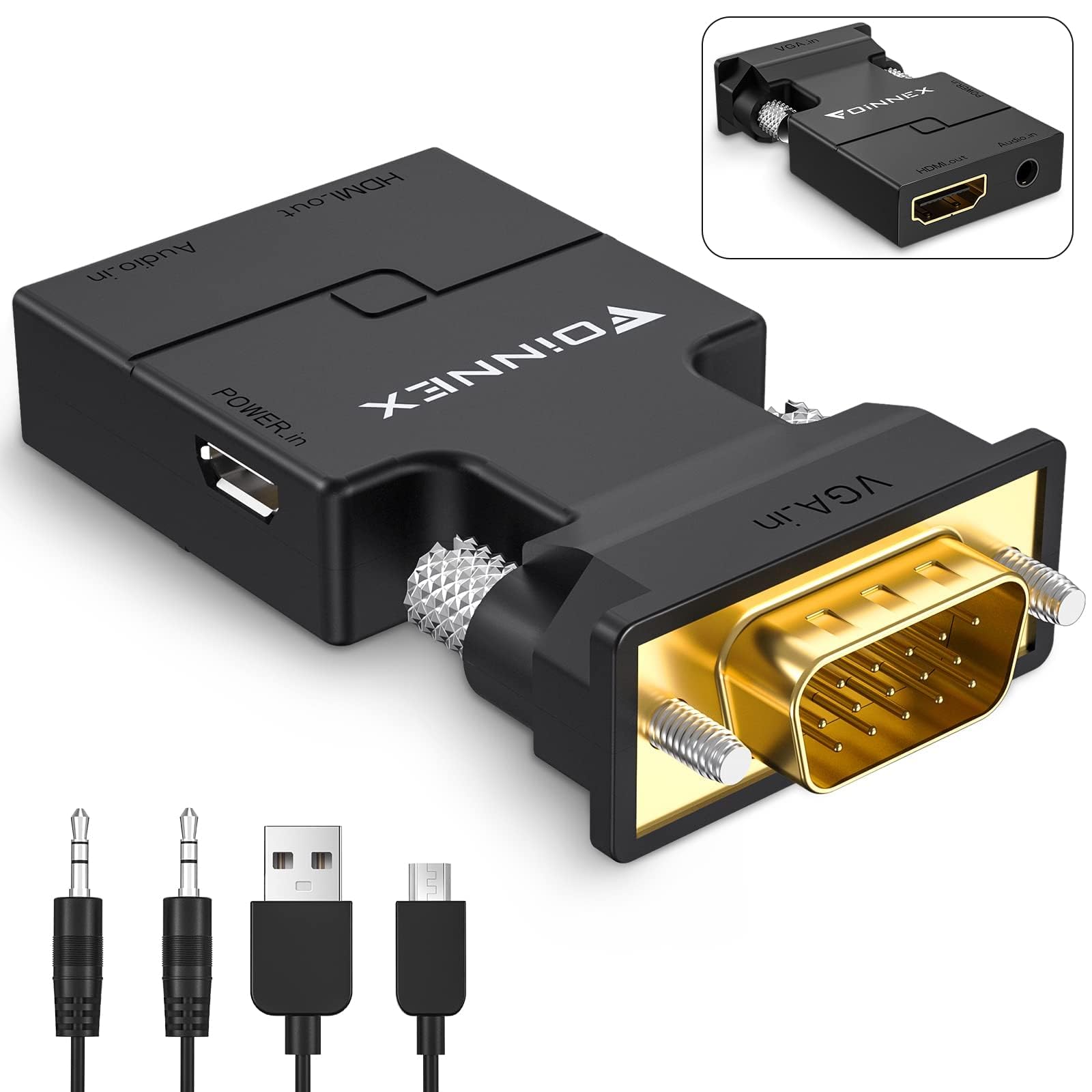 FOINNEX VGA to HDMI Adapter Converter with Audio 1080P, (PC VGA Output Source to TV/Monitor with HDMI Input Connector), Active Male VGA in Female HDMI Video Convertor for Laptop, Computer, Projector