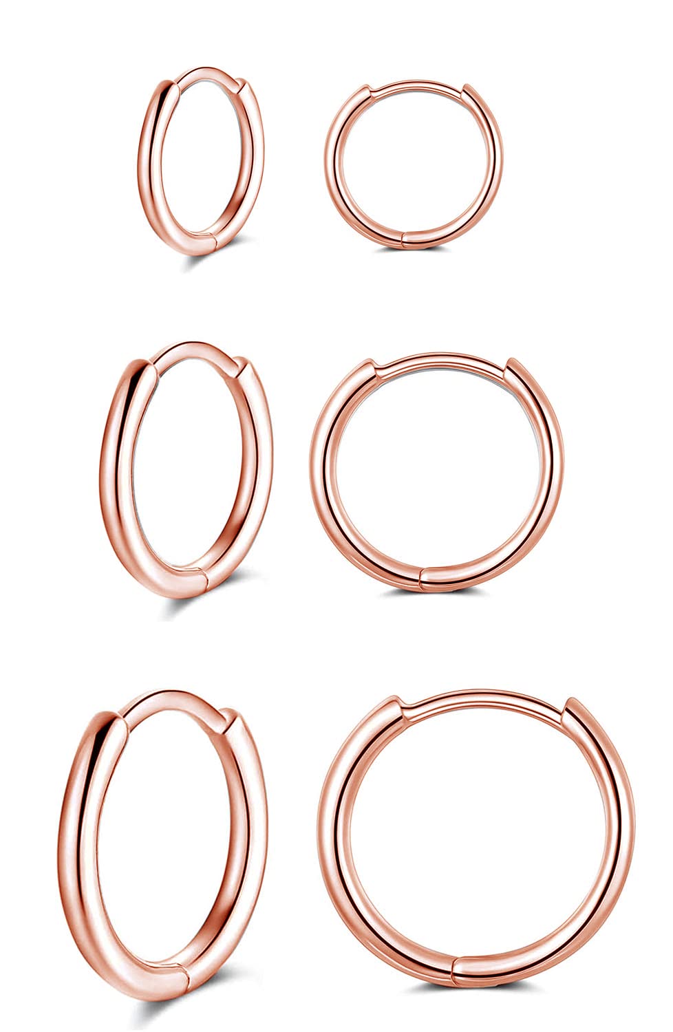 GULICX Silver Rose Gold Hoop Earrings Set for Women Men Girls, 3 Pairs Hypoallergenic 925 Sterling Silver Unisex Small Helix Cartilage Tragus Sleeper Hoops Huggie Hinged Earrings (8mm/10mm/12mm)