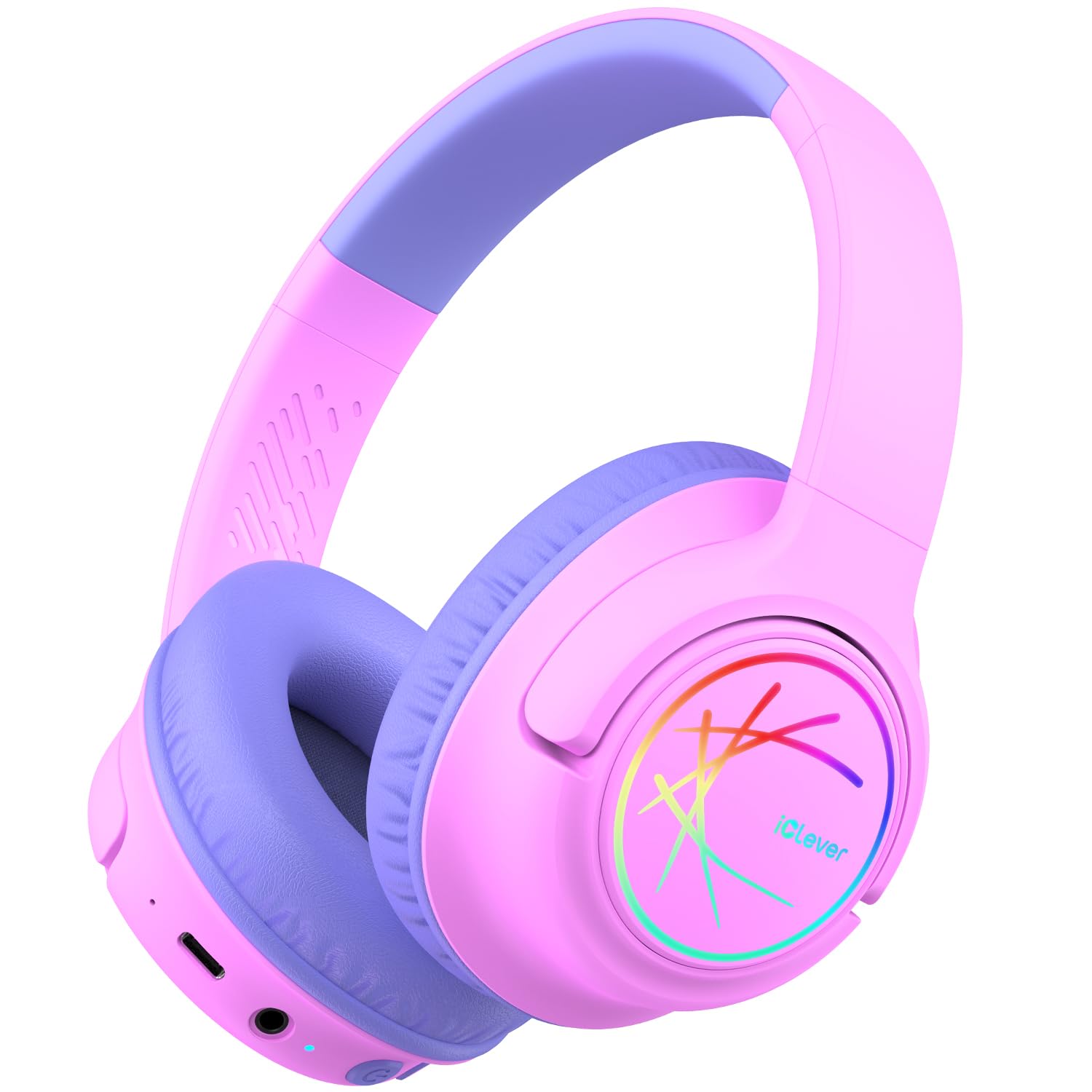 iClever Kids Bluetooth Headphones with LED Lights, BTH18 Safe Volume 74/85dBA, 43H Playtime, Bluetooth5.3 Kids Headphones Wireless Aux Cord for iPad/Tablet/Travel/School, Pink/Blue