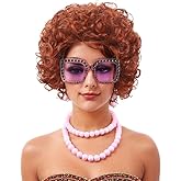 Mrs. Roper Wig with Necklace and Earrings and Glasses Short Curly Women Cosplay Wigs for Mrs. Roper Pub Crawl Party Halloween Daily Wear Wigs (Light brown)