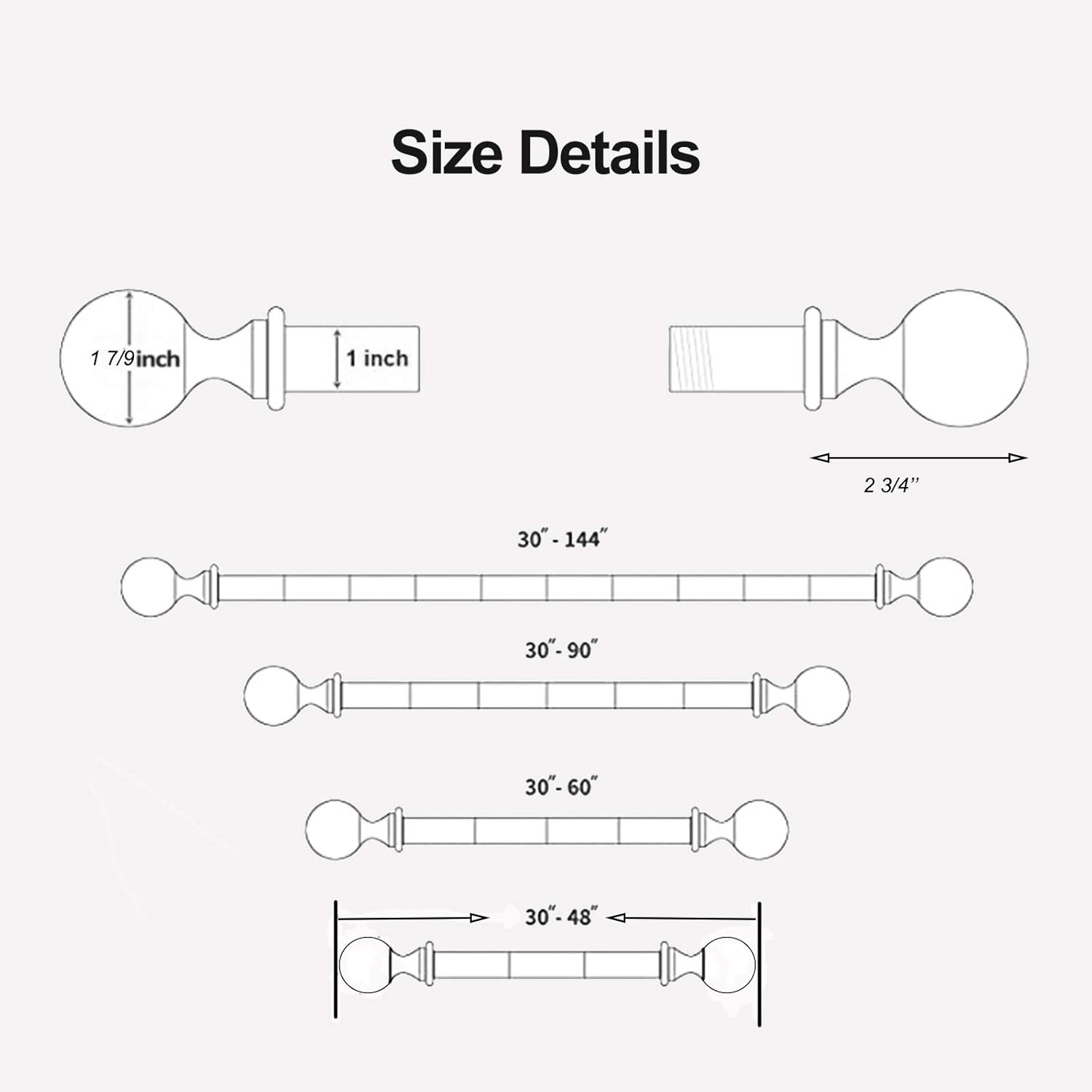 Wefaith Single Curtain Rods - 1’’Diameter Curtain Pole for Windows 30-87’’Heavy-Duty Adjustable Window Rod with Brackets and Classic Round Finials for Bedroom Kitchen Silver: Home & Kitchen
