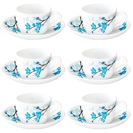 Larah by Borosil Mimosa (LH) Cup and Saucer Set, 140ml, 12-Pieces, White and Blue