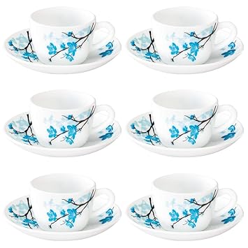 Larah by Borosil Mimosa (LH) Cup and Saucer Set, 140ml, 12-Pieces, White, HT12CS14MIM1, HT12CS14MIM1