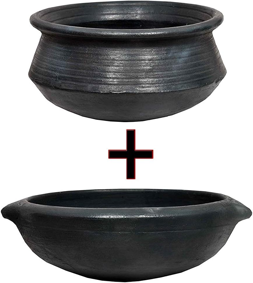 Natural Black Earthen Handmade & Unglazed Kadai & Haandi Set for Cooking Dal/Sambar/Rasam/Curry/Frying/Deep Fry & Preparing Breakfast (Size: Kadai 3.5L & Haandi 2.5L)