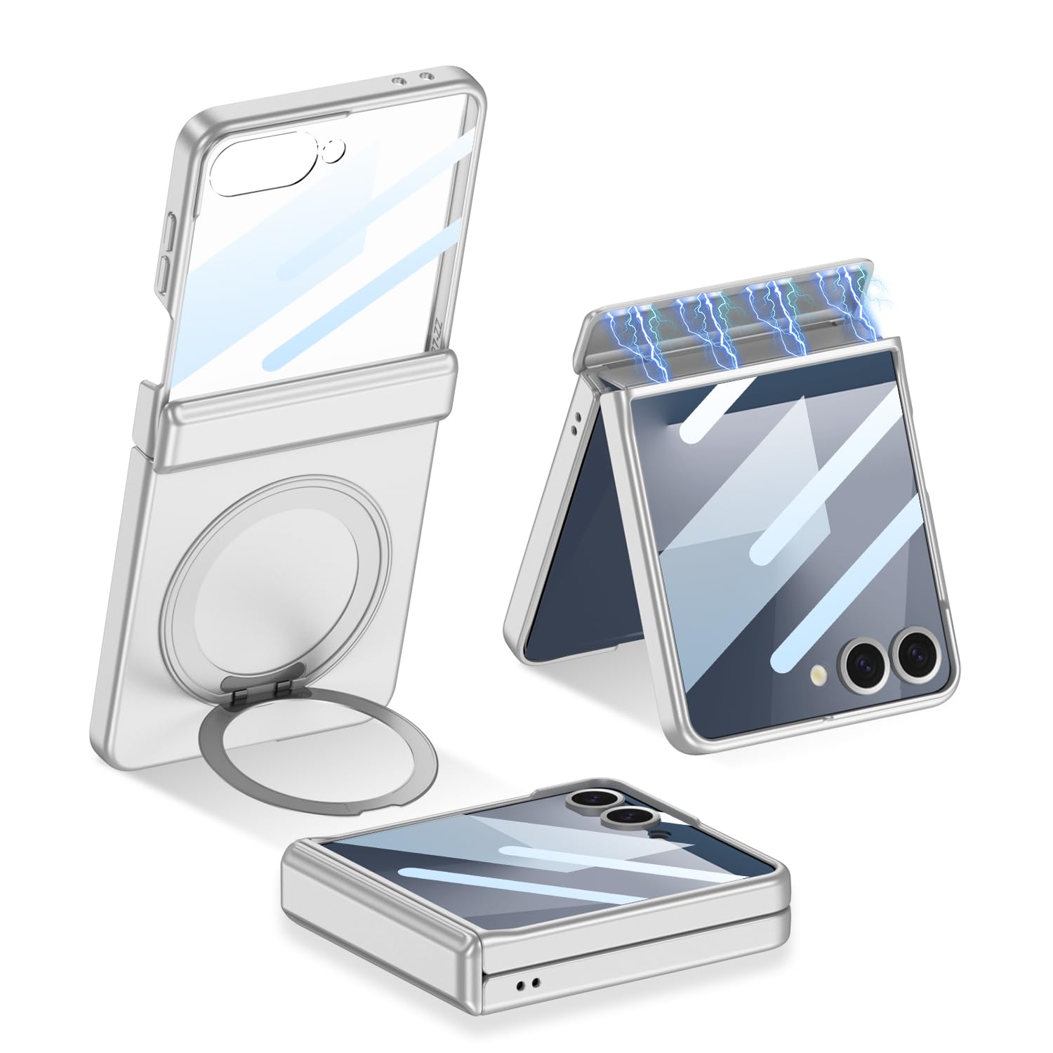 Photo 1 of XIMAND for Samsung Galaxy Z Flip 7 Case with 360 Bracket Ring Holder Magnetic Hinge Protection & Built-in Front Screen Protector, Slim Texture Shockproof Case.(Sliver)