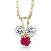 Gem Stone King 14K Yellow Gold White Topaz and Red Ruby 3-Stone Pendant Necklace For Women (0.44 Cttw, Gemstone November Birthstone, Round 3MM, 18 Inch Chain)