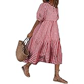 chouyatou Women's Retro Lantern Puff Sleeve Plaid Dress Gingham Swing Tiered Midi Long Dress