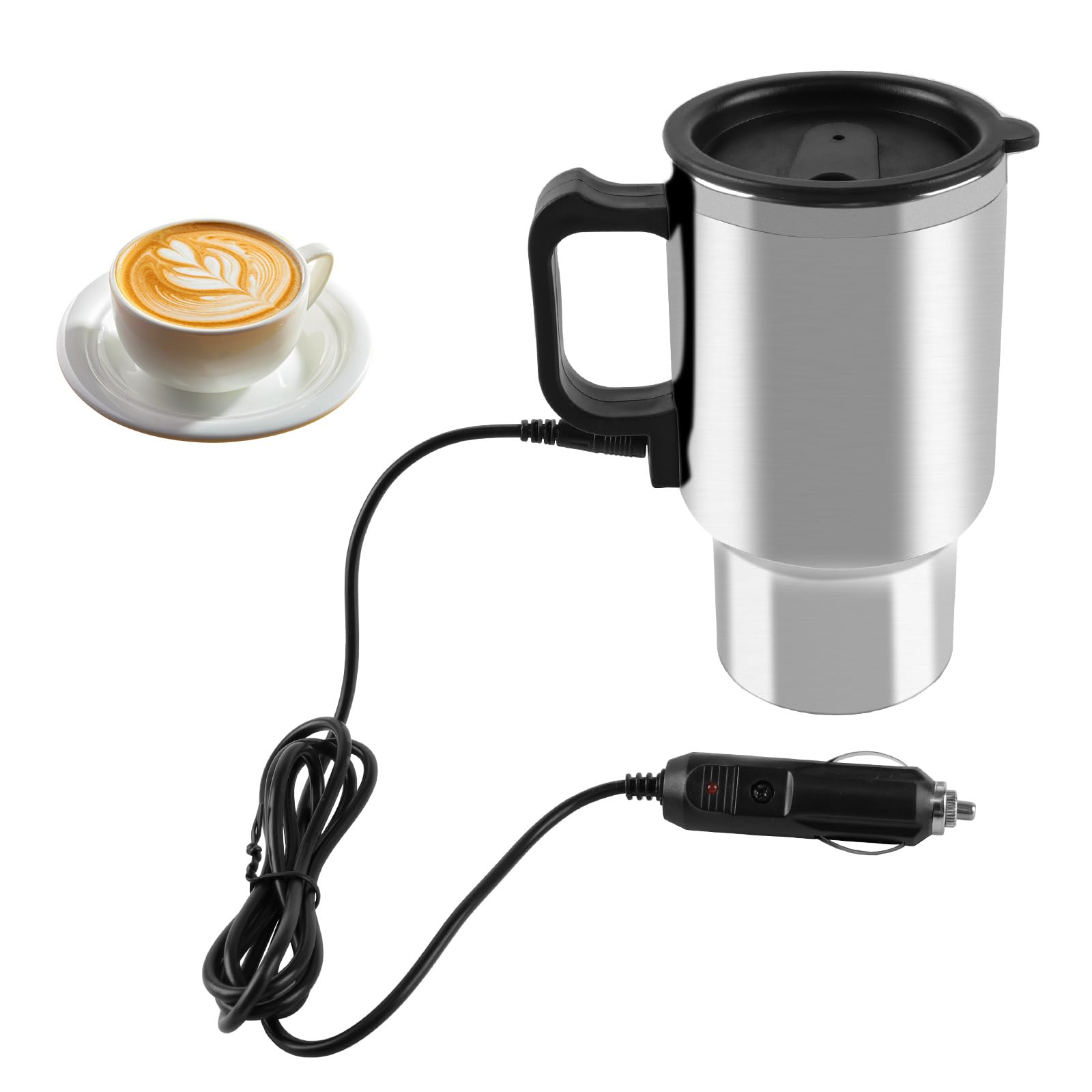 Photo 1 of 12V Car Heating Cup Stainless Steel Travel Coffee Cup Insulated Heated Thermos Mug, 450ml Car Kettle for Heating Water, Coffee, Milk, Tea (Silver, Stainless Steel Inner)
