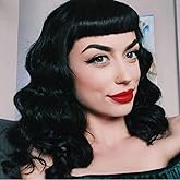 G&T Wig Rockabilly Vintage Wigs for Women, Short Black Wig with Bangs, Shoulder Length Heat Resistant Short Curly Bettie Page Wigs for Cosplay & Daily Use