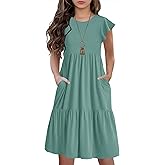 HOSIKA Girls Summer Ruffle Short Sleeve Crew Neck Loose Casual Flowy Tiered Short Dress with Pockets for 6-12 Y