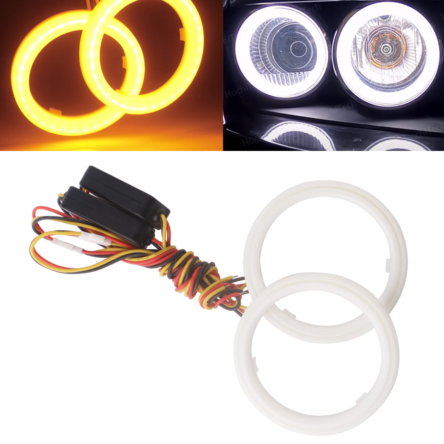Qasim 1Pair COB Led 70mm Angel Eyes 12V DC with Cotton Cover Halo Rings Angelic LED Car Lights Auto White+Amber Dual Color