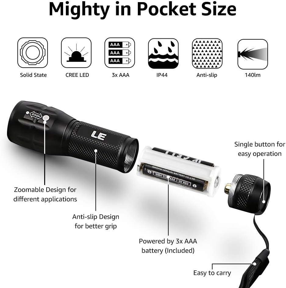 LE CREE LED Flashlight, Small and Super Bright LED Tactical Torch, Handheld Flash Light, Zoomable, Water Resistant, Adjustable Brightness for Camping, Running, AAA Batteries Included - Basic Handheld Flashlights - 