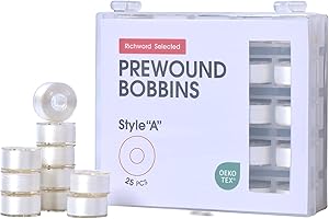 POOLIN Richword Selected White 25pcs Size A Prewound Bobbins, Plastic Sided, 70D/2(60WT) Polyester Bobbin Thread for Single Needle Embroidery and Sewing Machine