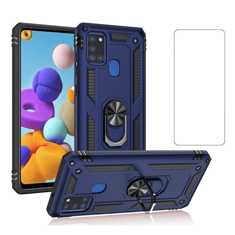Phone Case for Samsung Galaxy A21S with Tempered Glass Screen Protector Stand Ring Holder Shockproof Silicone Heavy Duty Accessories Magnetic Metal Hard Kickstand A 21S samsunga21scover Girls Blue