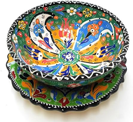 Set of Matching Handmade Turkish Ceramic Pottery Serving Pieces 7" Plate and 6" Bowl (Green 2)