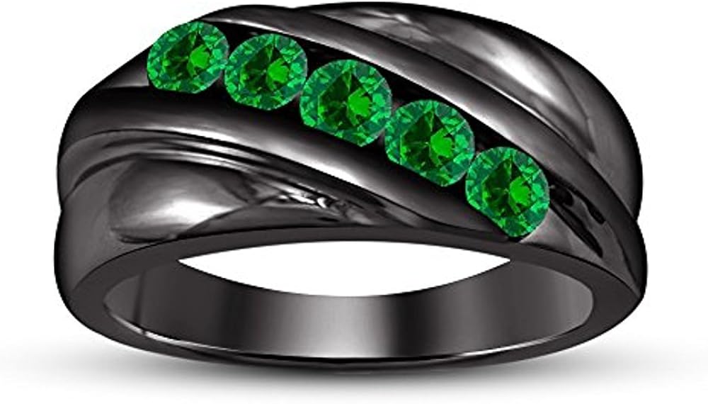 14k Black Gold Plated Round Cut Green Emerald Stone Men's Wedding Band