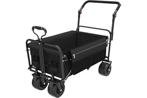 Mdeam Collapsible Wagon with Wheels, Large Capacity Foldable Wagon Cart, All Terrain Folding Utility Cart with Cup Holders and Side Pockets for Grocery Outdoor Camping Garden Sports Shopping (Black)