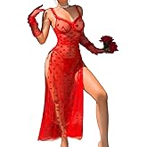 EHSUYAB Women's Sexy Heart Lingerie Set, Underwire High Slit Bow Maxi Dress Valentines, Ruched Sheer Nightgown Boudoir Outfit