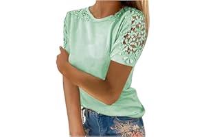 HINVHAI Short Sleeve Tops for Women Casual Comfy Round Neck Lace Splicing Solid Color T-Shirts Cute Summer Tunic Tops