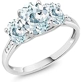 Gem Stone King 10K White Gold Gemstone Birthstone and Diamond Accent 3-Stone Engagement Ring for Women | Oval 8X6MM and 6X4MM | Three Stone Wedding Anniversary Promise Ring | Size 5-9