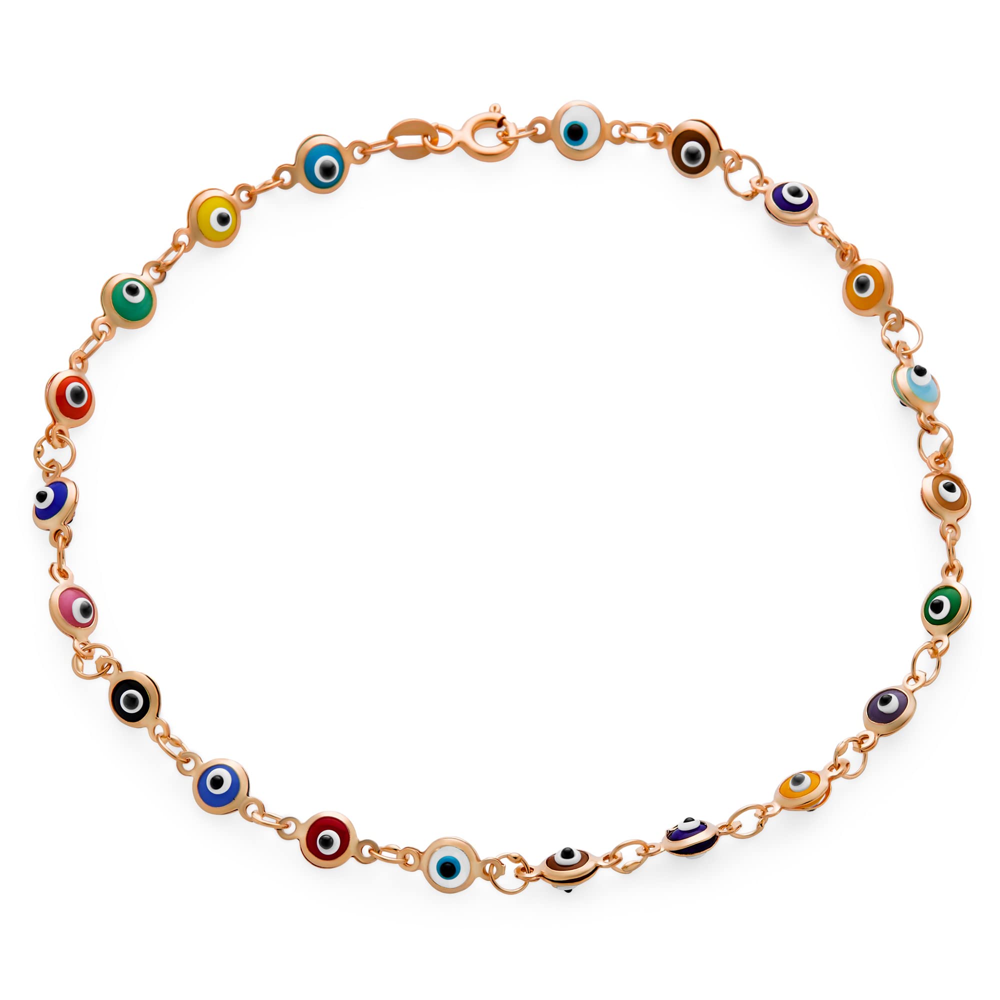 Bling Jewelry Protection Amulet Turkish Multi Color Charm Slender Evil Eyes Anklet Link Ankle Bracelet For Women Teen Rose Plated .925 Sterling Silver 10 Inch