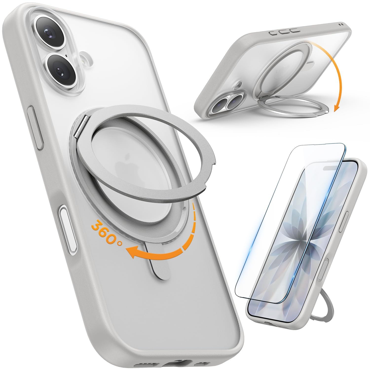 SURPHY Stand Case for iPhone 17 Case with Screen Protector (6.3 inch 2025), Compatible with MagSafe, 360° Rotatable Ring Kickstand Phone Cases for iPhone 17, Stand Gray