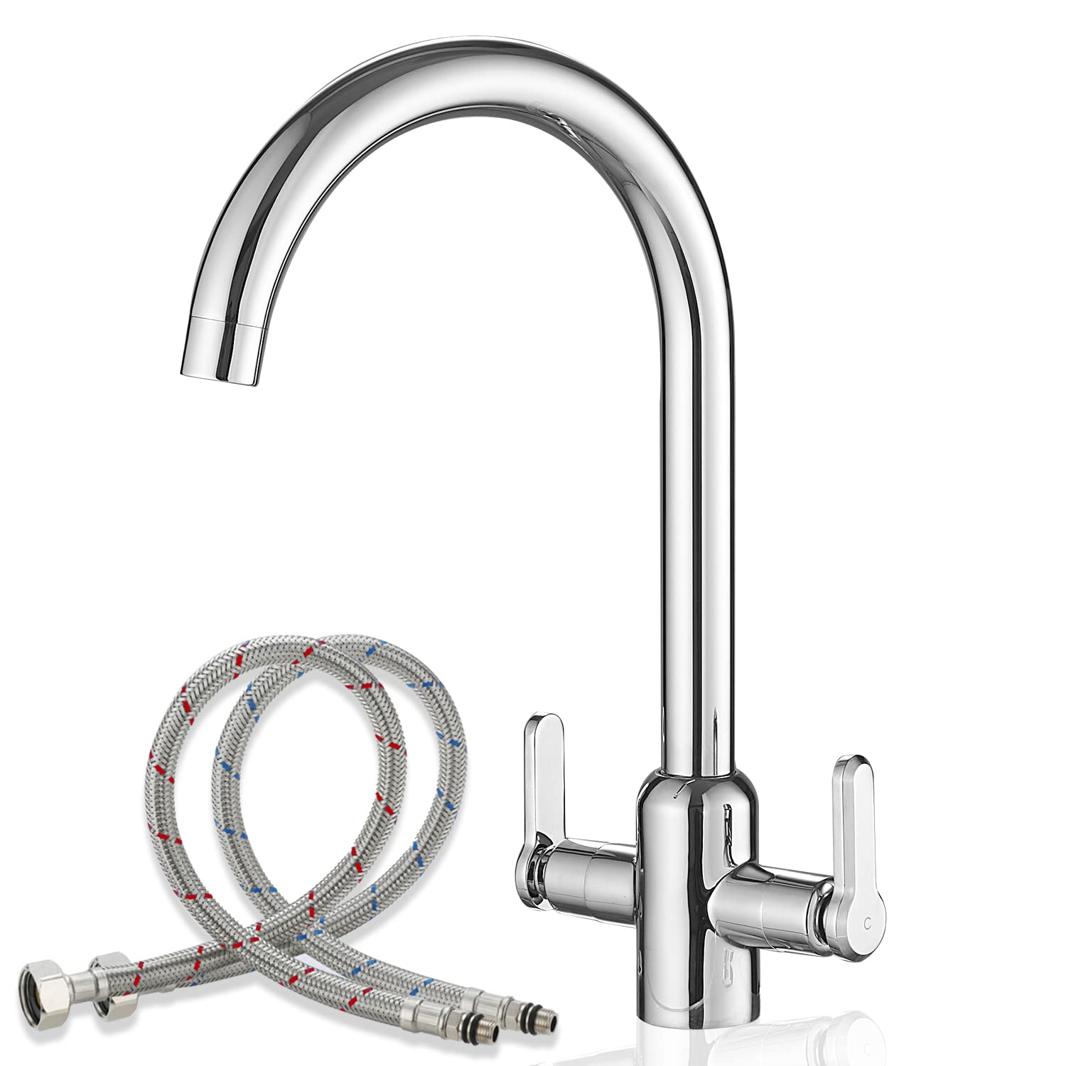 Kitchen Taps Chrome UK Standard Double Handle Dual Lever 1 Hole Deck Mount for Kitchen Sink with 50 CM Flexi Tails, Hot and Cold