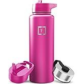 IRON °FLASK Camping & Hiking Hydration Flask with Straw, Wide Mouth Insulated Stainless Steel Sports Water Bottle - 40 oz Pink Tulip