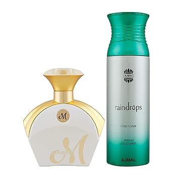 Maryaj M White for Her Eau De Parfum Floral Fruity Perfume 90ml for Women and Ajmal Raindrops Femme Deodorant Floral Chypre Fragrance 200ml for Women + 2 Parfum Testers FREE