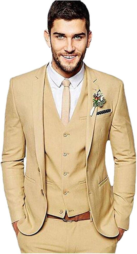 SIPEI Khaki Men Suits Three Pieces Slim Fit Wedding Party Tuxedos Groomsmen Casual