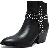 SICARE Chunky Stacked Heel Ankle Boots for Women Pointed Toe Chelsea Combat Boots Mid Calf Side Zipper Silver Studded Strap Heeled Booties Fall Dress Shoes