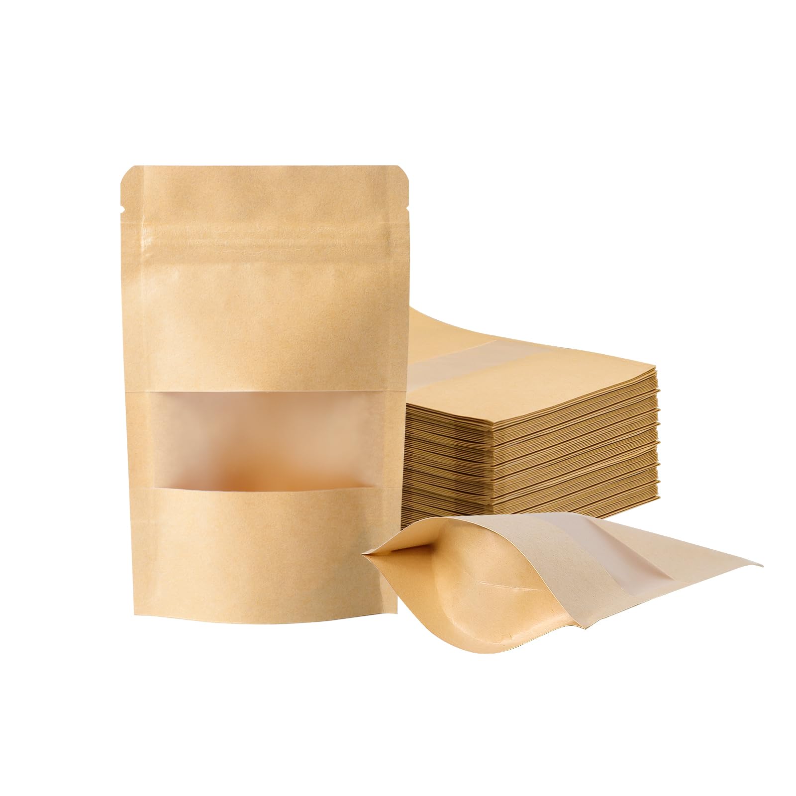 Photo 1 of 100 Pcs Kraft Paper Bags with Window, 3.9" x 5.9"Zip Lock Food Storage Bags for Packaging Products, Reusable