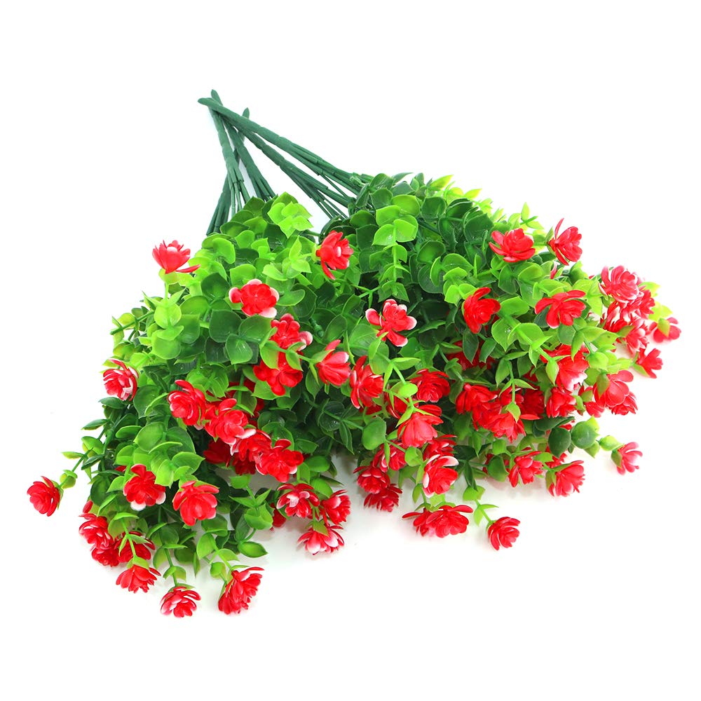 Shiwaki 5Pcs Artificial flower simulation green plant eucalyptus plant bouquet for Vase Porch Window Box Patio Wedding Home Decoration(Red)