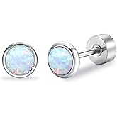 FACOKO Opal Stud Earrings for Women G23 Titanium Hypoallergenic Earrings Round Flat Back Ear Studs Minimalist Everyday Earring 3MM/4MM/5MM Available