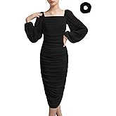 EXARUS Girls Bodycon Ruched Dress Teen Graduation Wedding Dance Party Chiffon Lantern Sleeve Maxi Formal Dresses