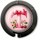 ZEIKAEYR Funny Bow Initial Purse Hook Gifts - Pink Bow Letter T - Foldable Purse Holder for Table - Round Handbag Hanger for Women - Christmas Birthday Gifts for Mom, Wife, Sister, Friend, Boss Lady