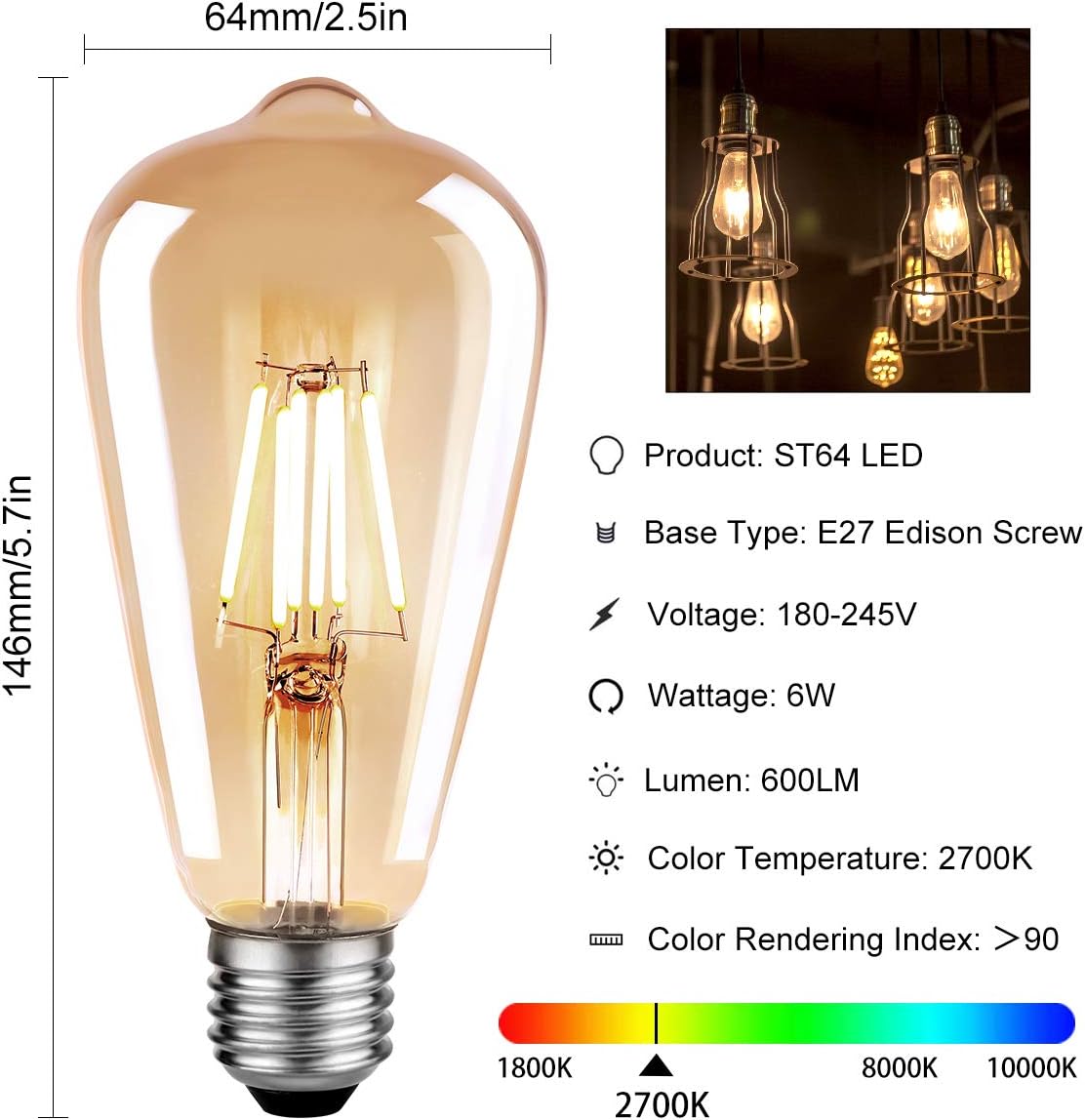 LED Edison Bulb E27, 6W Vintage Light Bulbs 60W Incandescent Equivalent - Image 5
