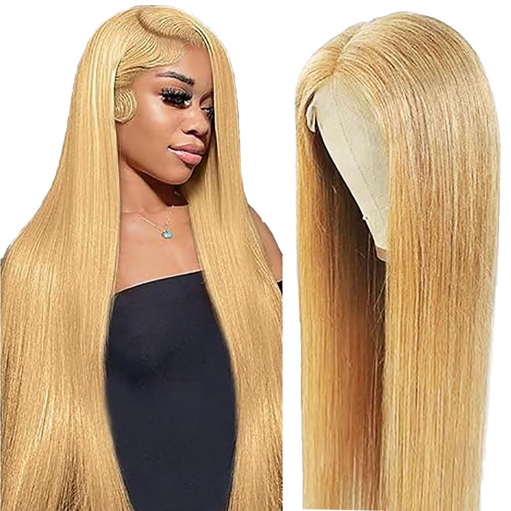 Hxxcoup Lace Closure Human Hair Wig - Straight Blonde #27 Glueless Pre-Plucked Brazilian Virgin Hair - 24 Inch Grade 8A No Smell Wear and Go