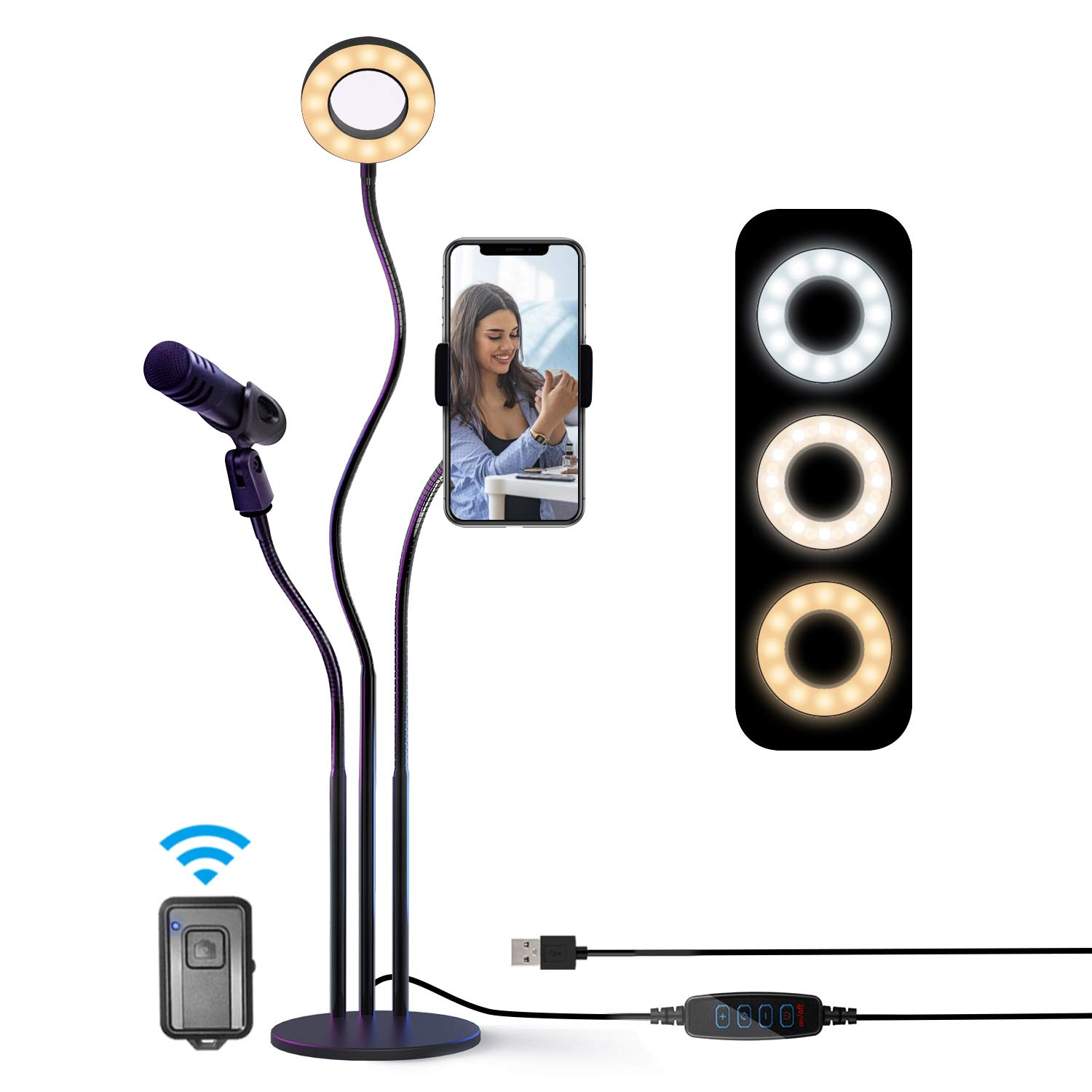 6amLifestyle Desk Selfie Ring Light with Mic Holder and Phone Holder 3 Lighting Models and 10 Brightness Level with Flexible Arms Table Ringlight for Live Stream/YouTube/Tiktok/Makeup/Vlog …