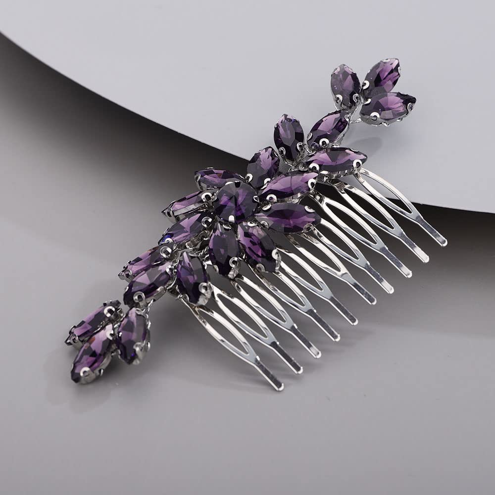 Chargances Purple Rhinestone Flower Hair Comb, Wedding Bridal Bridesmaid Prom Flower Girls, Handmade, 4.5*2.5 inches