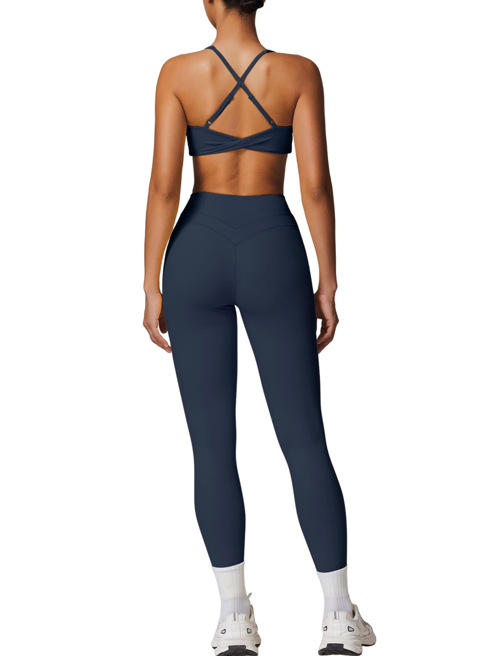 Photo 1 of QBGJTD Two Piece Womens Workout Sets for Women U Neck Cross Back Sports Bras Matching Tummy Control High Waist Leggings Set Gym Yoga Jogger Athletic Clothes Pilates 2 Piece Outfits Dark Blue M