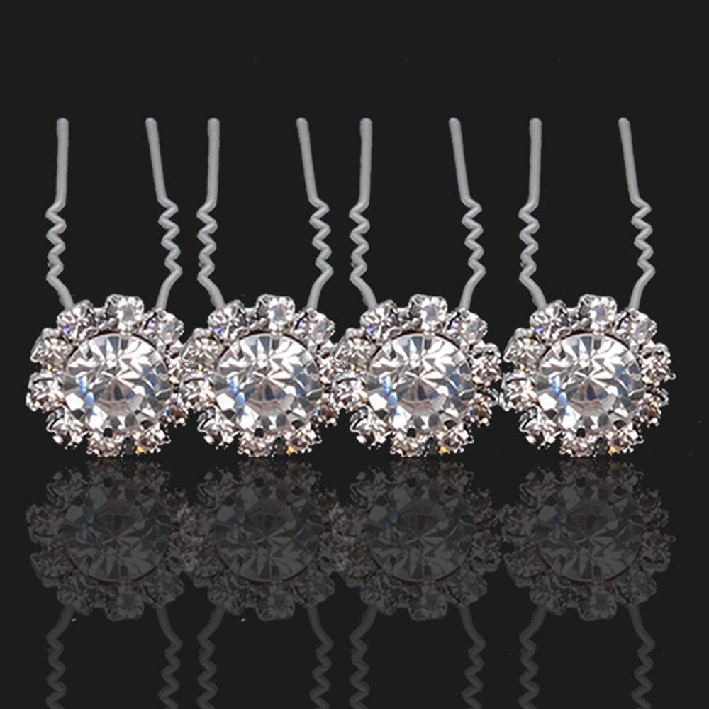 WedDecor 10pcs Flower Crystal Diamante Women Hair Pins for Bridal Prom Wedding Party Stylish Fashion Accessories for Ladies, Stainless Steel and Silver Plated